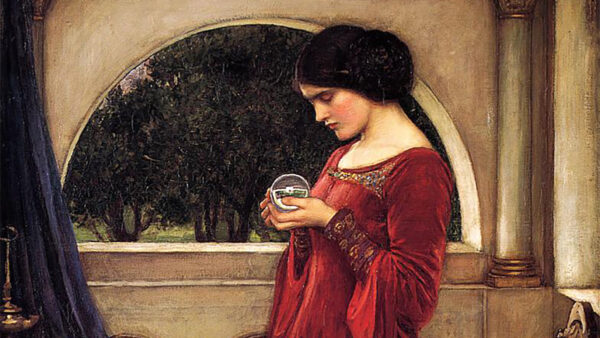 Kvinna tittar in i framtiden med en kristallkula (detalj av målningen "The Crystal Ball" av John William Waterhouse)